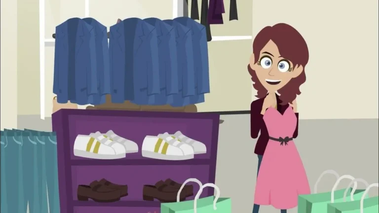 Animated woman holding pink dress in clothing store with suits, shoes, and shopping bags.