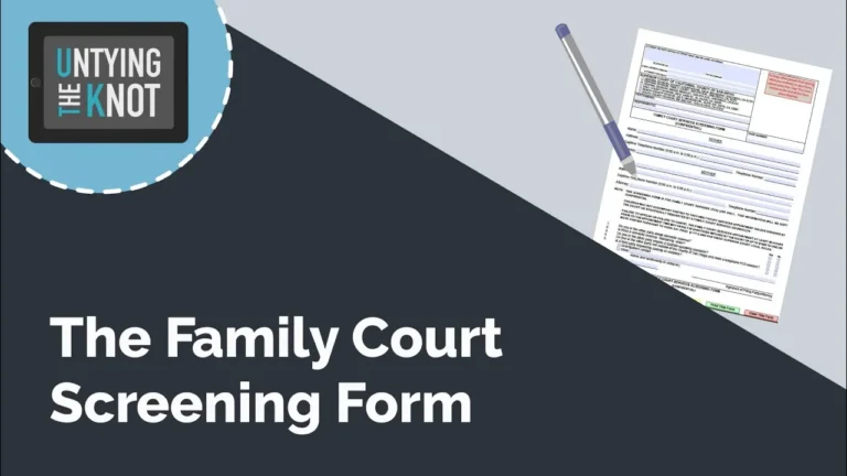 Graphic showing a family court screening form, pen, and "Untying the Knot" logo on blue and dark background.