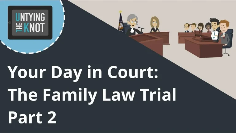 Illustration of a family law court trial with judge, lawyers, and jury, titled "Your Day in Court: The Family Law Trial Part 2.