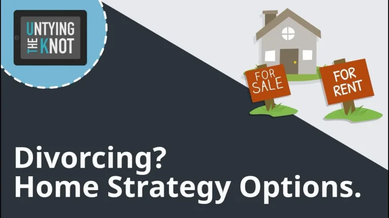 Graphic with a house and signs reading "For Sale" and "For Rent" alongside text "Divorcing? Home Strategy Options.