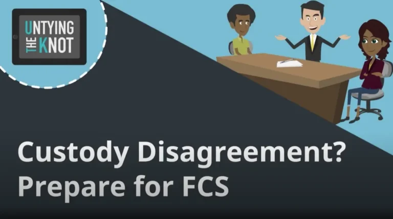 Illustration of three people at a table with text "Custody Disagreement? Prepare for FCS" and "Untying the Knot" logo.