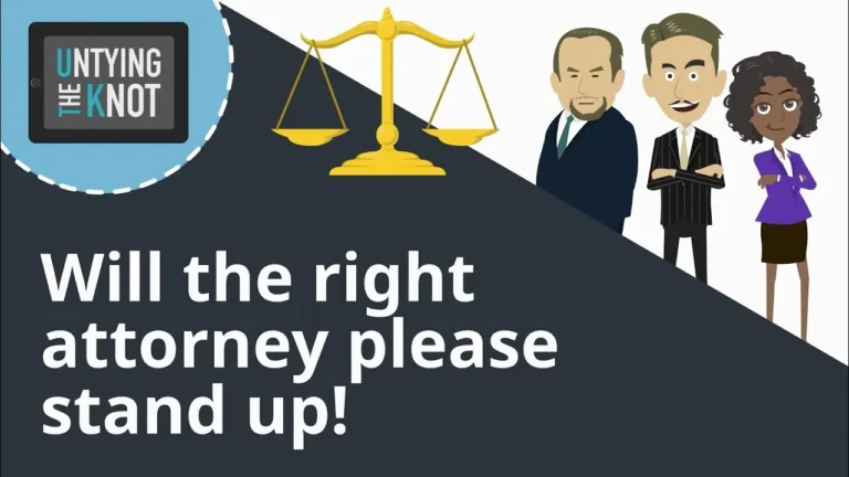 Illustration of three attorneys with scales of justice and text "Will the right attorney please stand up!