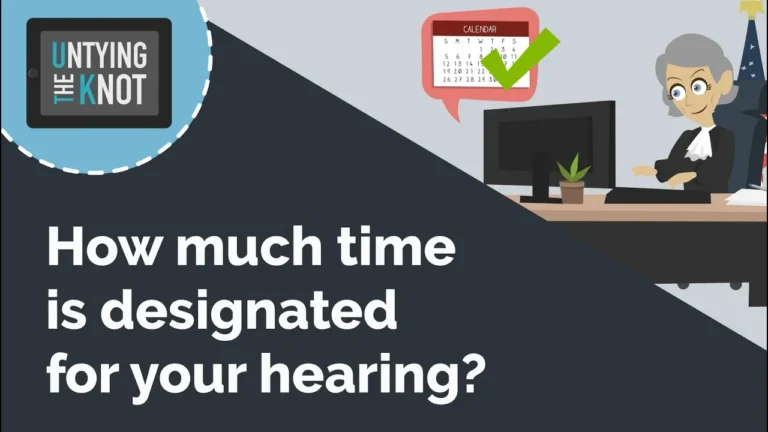 Illustration of a judge at desk with calendar and text "How much time is designated for your hearing?