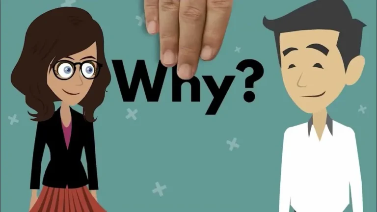 Illustration of a woman and man with the word "Why?" and a hand above the text.