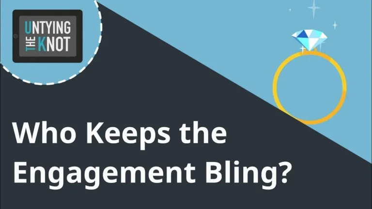 Graphic with a diamond engagement ring and text "Who Keeps the Engagement Bling?" with "Untying the Knot" logo.