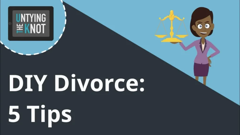 Illustration of a woman holding scales of justice with text "DIY Divorce: 5 Tips" and "Untying the Knot" logo.