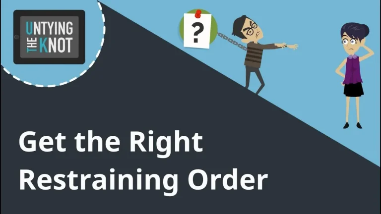 Illustration of a man in chains reaching toward a worried woman, with text "Get the Right Restraining Order.