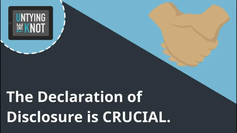 Graphic with clasped hands and text "The Declaration of Disclosure is CRUCIAL," featuring a tablet logo reading "Untying the Knot.
