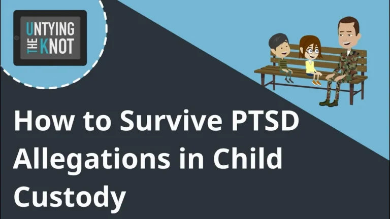 Illustration of a military parent with two children on a bench and text about surviving PTSD allegations in child custody.