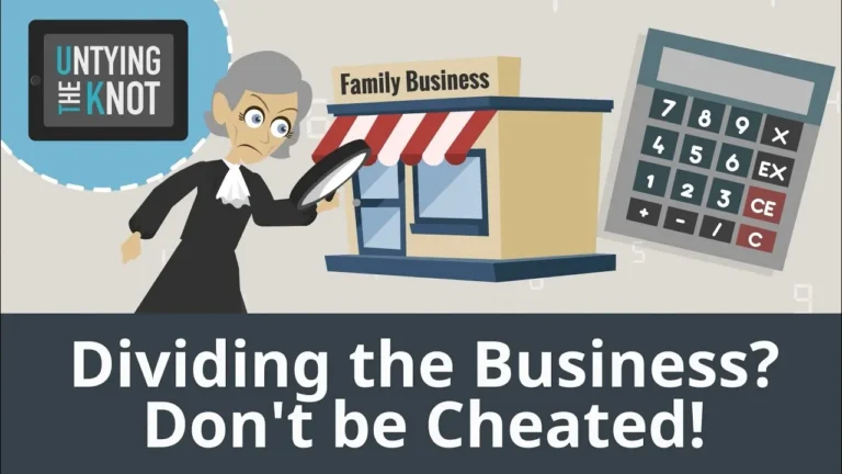 Illustration of a woman examining a family business building with a magnifying glass, accompanied by a calculator and text "Dividing the Business? Don't be Cheated!