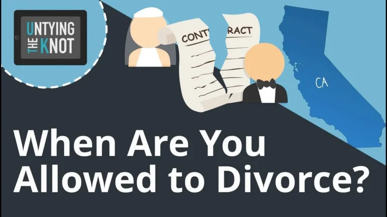 Graphic with text "When Are You Allowed to Divorce?" featuring a torn contract, bride and groom icons, and a California state map.
