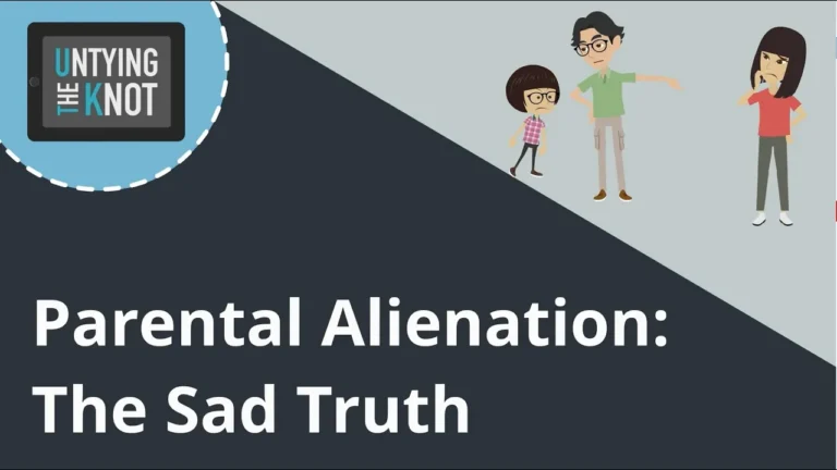 Graphic with text "Parental Alienation: The Sad Truth" and cartoon figures of a sad child, a concerned adult male, and an angry adult female.