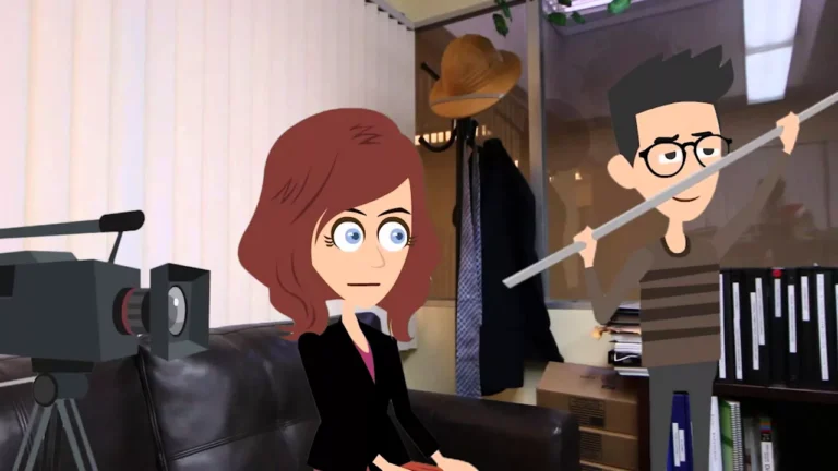 Animated scene showing a woman seated on a black leather couch and a man holding a boom microphone in an office setting.