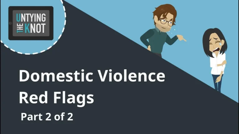Illustration of man yelling at crying woman with text "Domestic Violence Red Flags Part 2 of 2" and "Untying the Knot" logo.