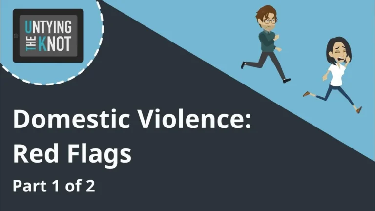 Graphic with text "Domestic Violence: Red Flags Part 1 of 2" and cartoon of a distressed woman running away from an angry man.