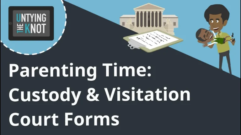Illustration with text "Parenting Time: Custody & Visitation Court Forms," courthouse, clipboard, and parent holding child.