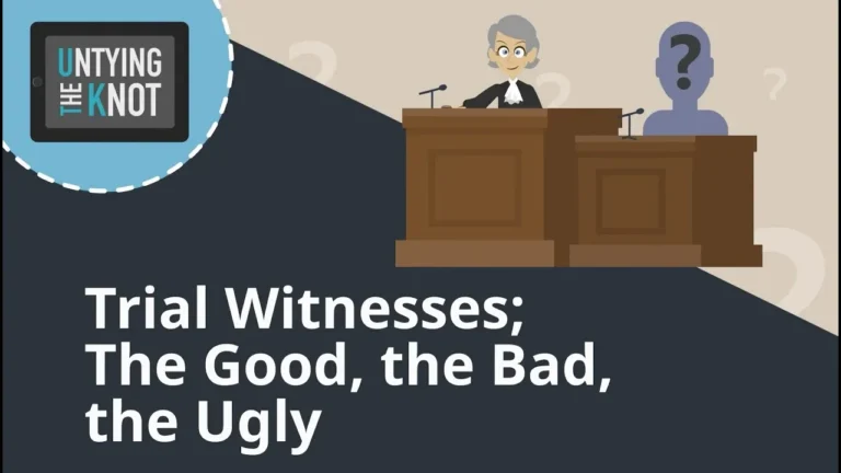 Illustration of a judge at a bench and a silhouette witness, with text "Trial Witnesses; The Good, the Bad, the Ugly.