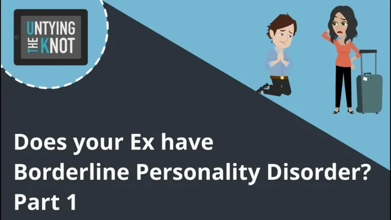 Graphic with text "Does your Ex have Borderline Personality Disorder? Part 1" and cartoon of worried woman with suitcase and kneeling man.