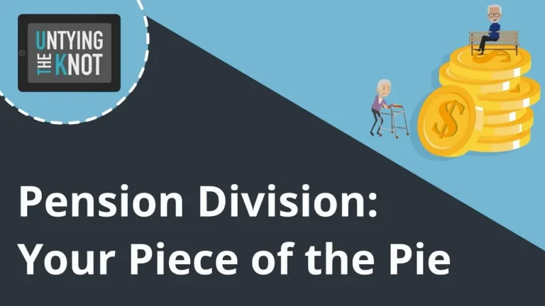 Illustration with text "Pension Division: Your Piece of the Pie" and elderly characters near large gold coins.