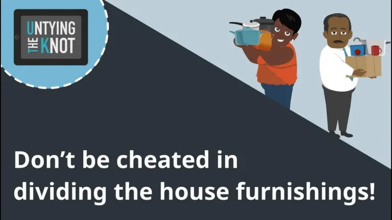 Illustration of two people carrying house furnishings with text "Don't be cheated in dividing the house furnishings!" and "Untying the Knot" logo.