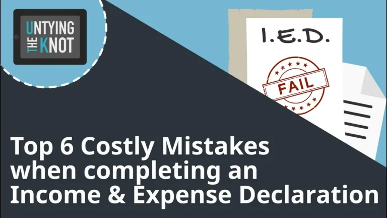 Illustration with text "Top 6 Costly Mistakes when completing an Income & Expense Declaration," a document marked "I.E.D." with a red "FAIL" stamp, and a tablet displaying "Untying the Knot.