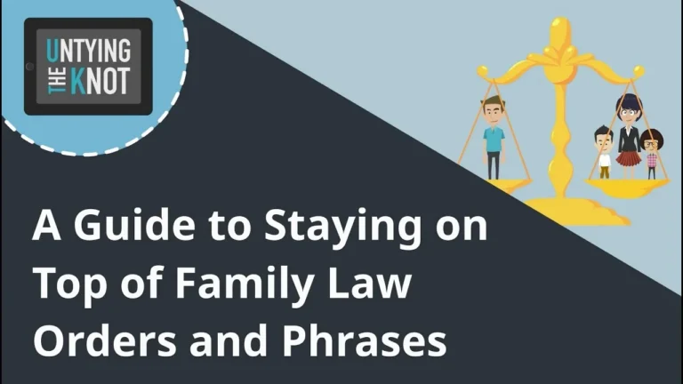 Graphic with text "A Guide to Staying on Top of Family Law Orders and Phrases" and a balance scale with a man on one side and a woman with two children on the other.