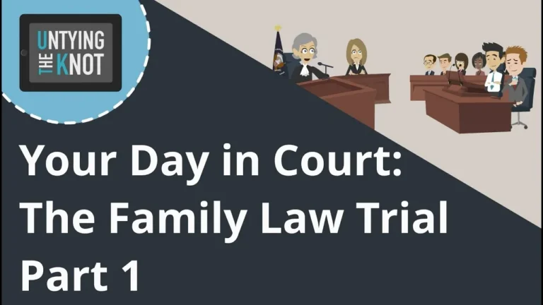 Illustration of a family law courtroom with judge, jury, and attorneys, titled "Your Day in Court: The Family Law Trial Part 1.