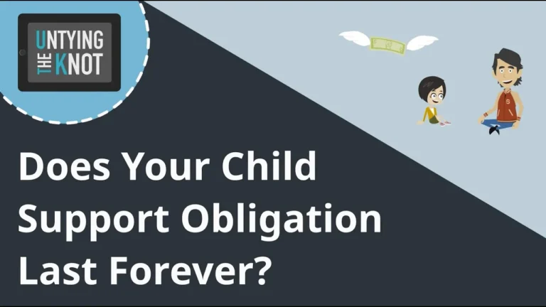 Graphic with text "Does Your Child Support Obligation Last Forever?" and illustrations of two children and a flying dollar bill.