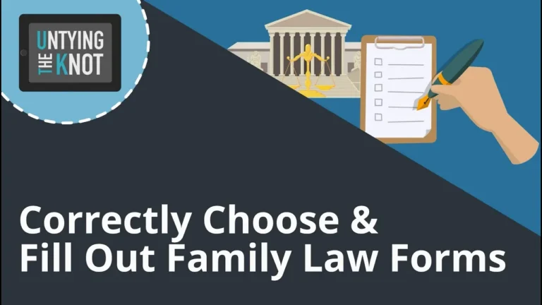 Tablet displaying "Untying the Knot," courthouse, checklist, and text "Correctly Choose & Fill Out Family Law Forms.