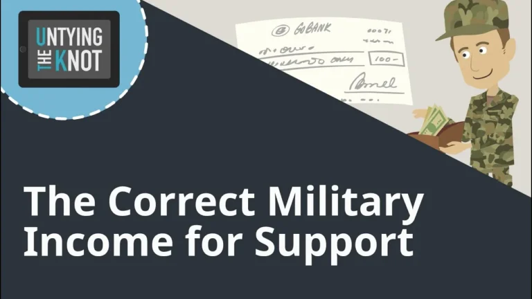 Illustration of a soldier holding money and text "The Correct Military Income for Support" with a tablet displaying "Untying the Knot.