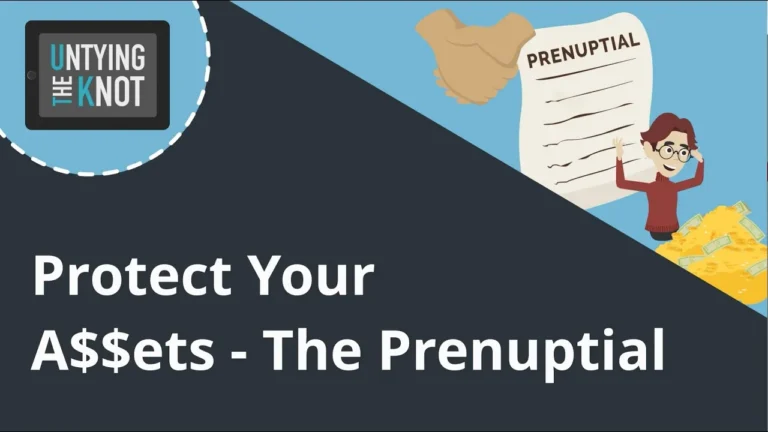 Graphic with text "Protect Your A$$ets - The Prenuptial," showing hands shaking over a prenuptial agreement and a person beside a pile of gold coins and cash.