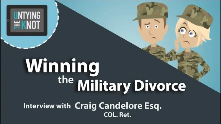 Illustration of worried military couple with text "Winning the Military Divorce" and interview details.