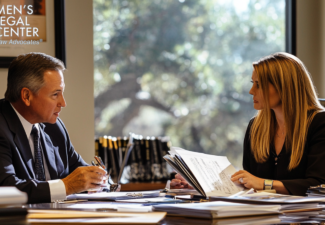 Two divorce attorneys in a professional office, sitting at a large table covered with legal documents and financial statements.