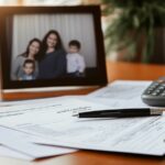A postnuptial agreement document placed next to a family photo and financial documents, symbolizing how the agreement can protect family assets.