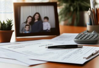 A postnuptial agreement document placed next to a family photo and financial documents, symbolizing how the agreement can protect family assets.