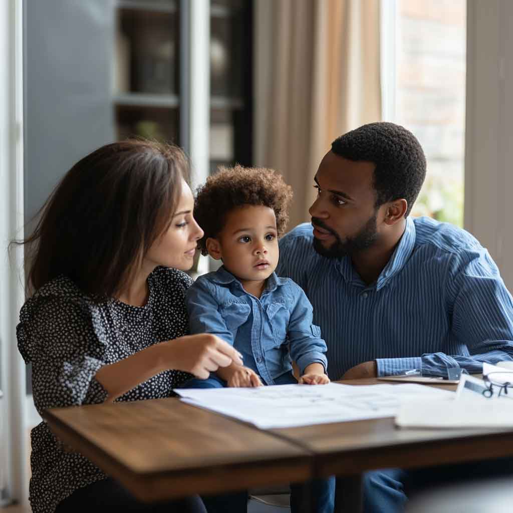 A couple and a child discussing adoption plans around a table with legal documents and adoption guides.