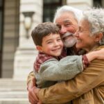 Image of grandparents hugging their grandchildren outside a courthouse.