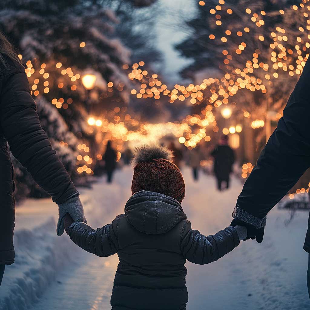A child walking hand-in-hand with both parents to a holiday event, showcasing cooperative parenting during the festive season. 