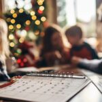 A family discussing holiday plans with a calendar on the table.