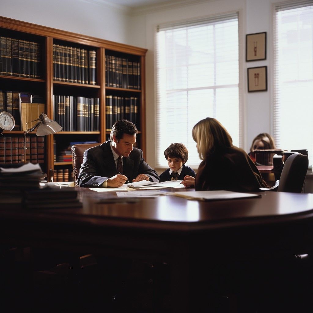 Family lawyer discussing child custody agreements with a parent in a professional office.