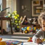 A father reviewing custody documents in a warm living room while his child plays nearby.