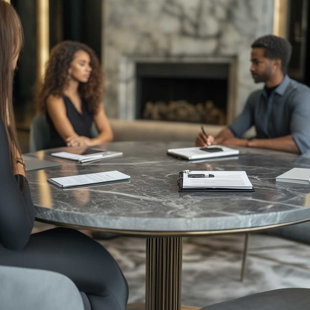 A mediator, couple, and legal documents at a round table during divorce mediation