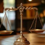 A justice scale on a table with a couple in the background.
