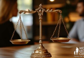 A justice scale on a table with a couple in the background.