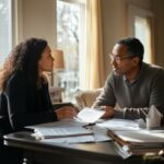 A financial advisor explaining the tax implications of alimony payments to a recently divorced father in an office setting.