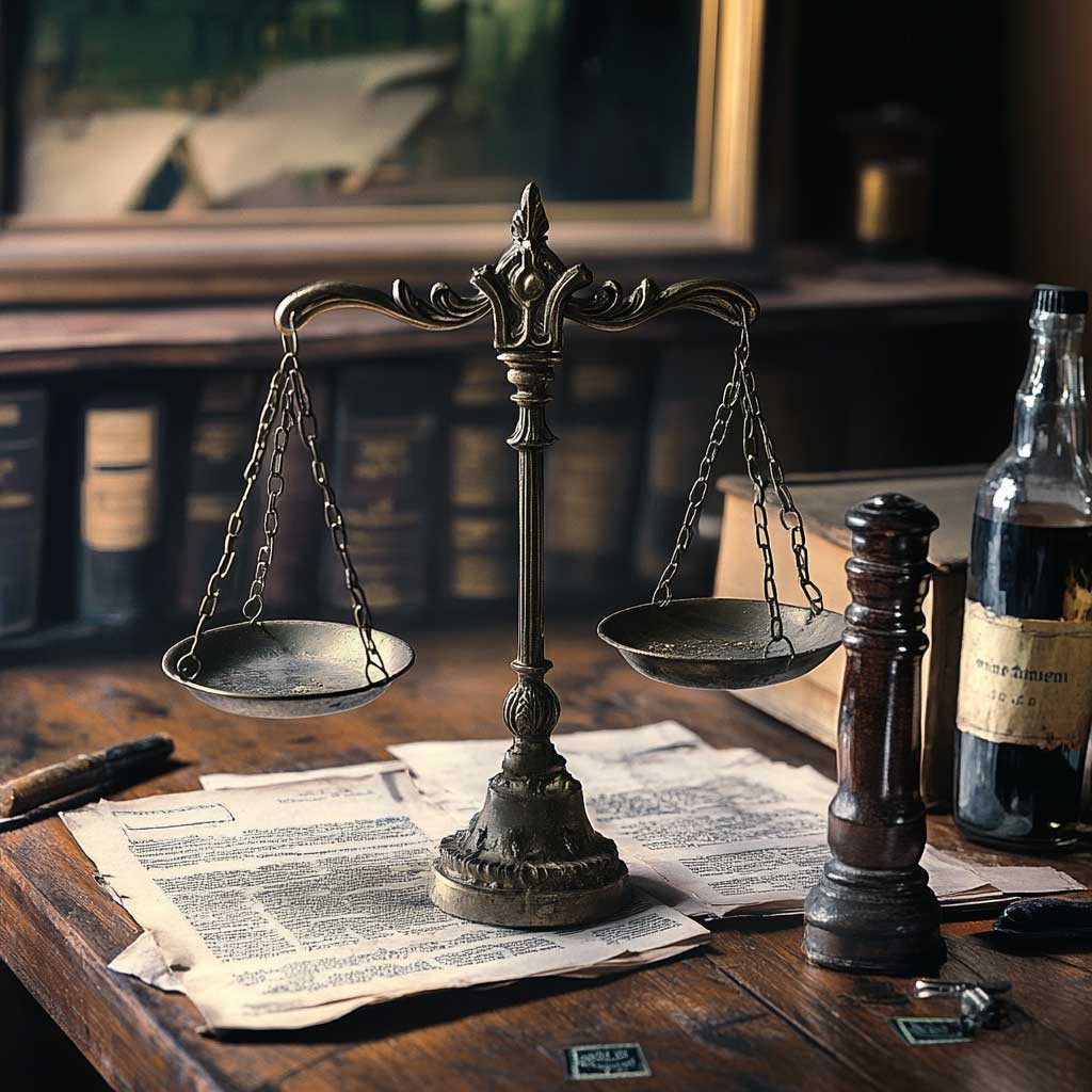 A symbolic image of the scales of justice placed next to empty alcohol bottles on a desk, representing the impact of substance abuse in legal custody battles.