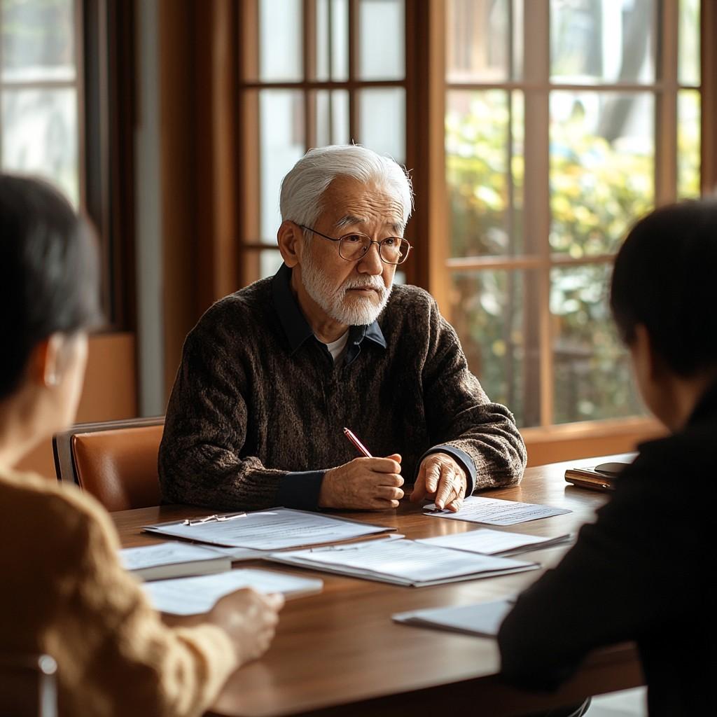 Mediation session with grandparents, parents, and a mediator discussing custody arrangements.
