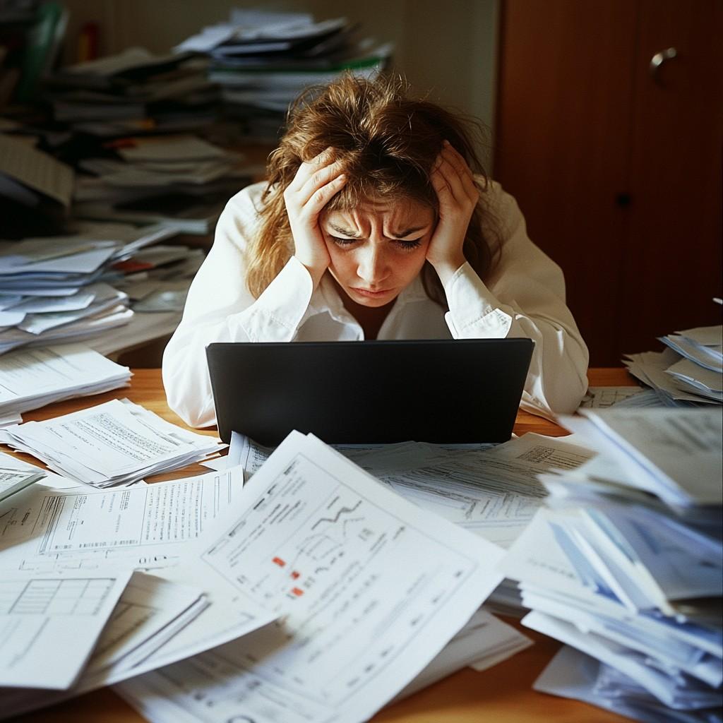 A stressed individual looking at financial statements while hiding assets in a divorce.