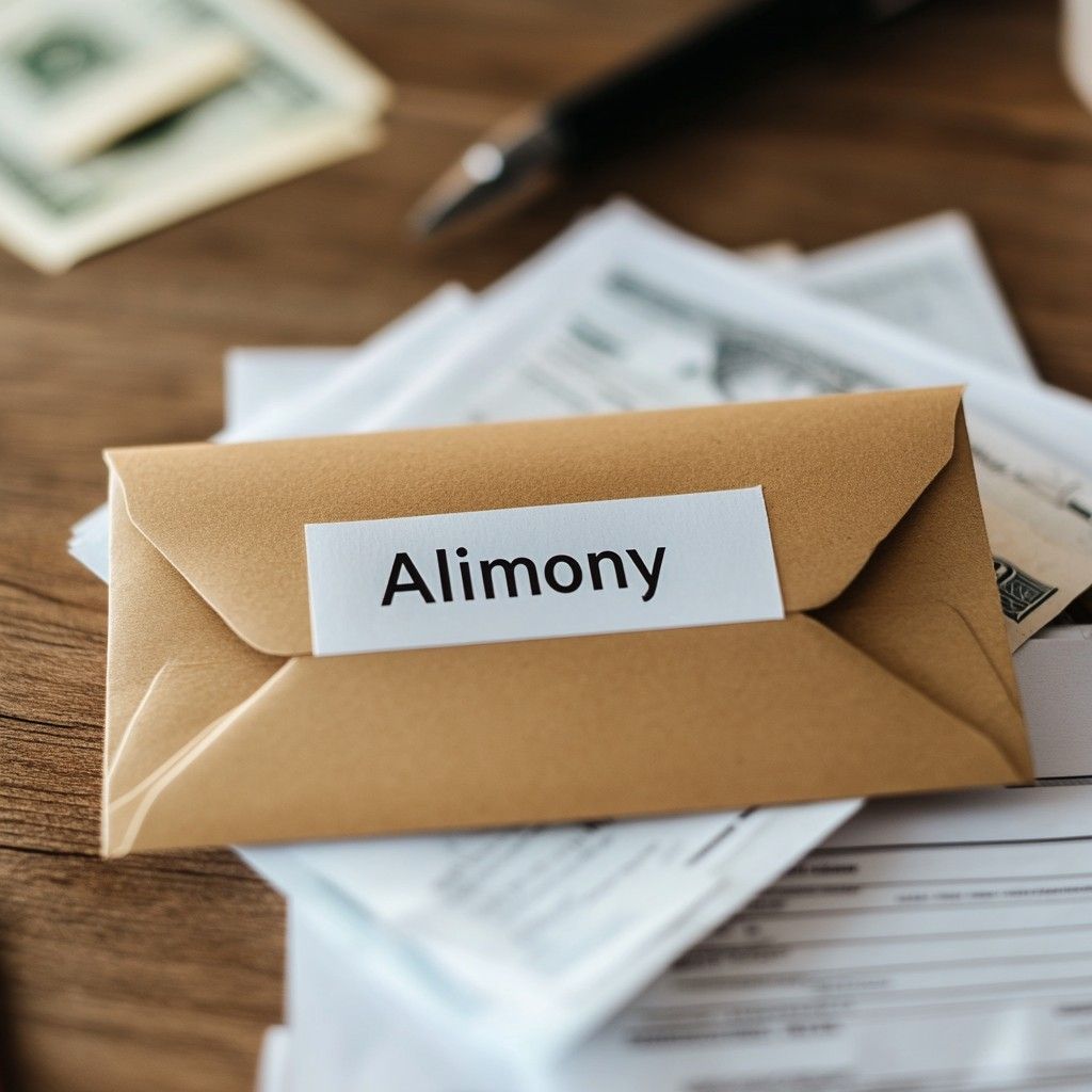Close-up of an envelope labeled "Alimony" on a table with bills.