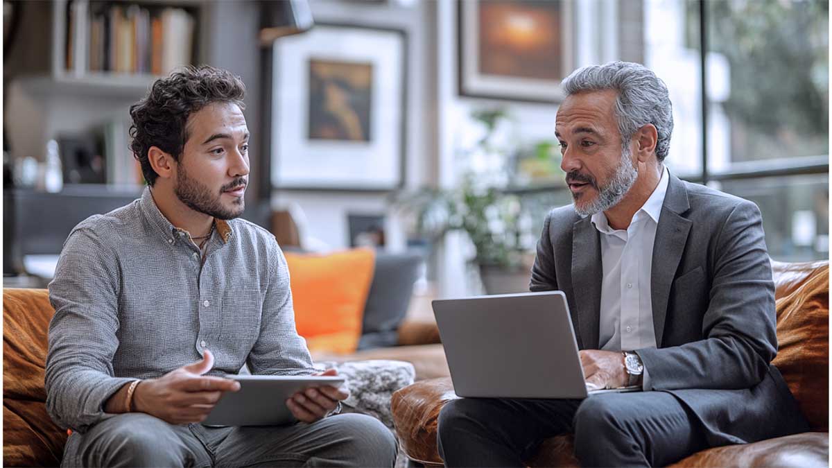 A young father consulting a professional with a laptop showing family photos in a relaxed office setting.